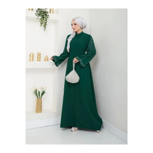 TAŞLİ ABAYA TESETTÜR GIYIM KADIN FERACE ELBISE ZÜMRÜT