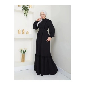 KADIN TESETTÜR DANTELLİ ŞERİT ELBİSE SİYAH