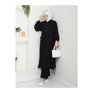 UZUN BOY CEPLE YARI FERMUARLI AYROBİN TESETTÜR TAKIM BÜYÜK BEDEN SİYAH 846
