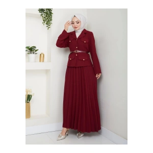 PİLELİ ETEKLI CEKETLI GOLD DÜĞMELİ KEMERLİ BLAZER TESETTÜR TAKIM BORDO 806