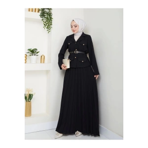 PİLELİ ETEKLI CEKETLI GOLD DÜĞMELİ KEMERLİ BLAZER TESETTÜR TAKIM SİYAH 806