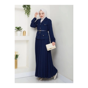 PİLELİ ETEKLI CEKETLI GOLD DÜĞMELİ KEMERLİ BLAZER TESETTÜR TAKIM LACİVERT 806