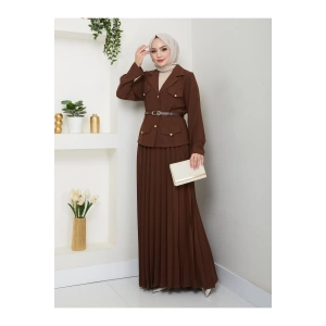 PİLELİ ETEKLI CEKETLI GOLD DÜĞMELİ KEMERLİ BLAZER TESETTÜR TAKIM KAHVE 806