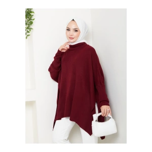 KADIN TESETTÜR TRİKO OVERSİZE KAZAK YANLARI YIRTMAÇLI BORDO