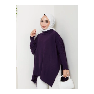 KADIN TESETTÜR TRİKO OVERSİZE KAZAK YANLARI YIRTMAÇLI MOR