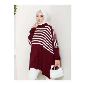 KADIN TESETTÜR ÇİZGİLİ DESENLİ TRİKO OVERSİZE KAZAK YANLARI YIRTMAÇLI BORDO