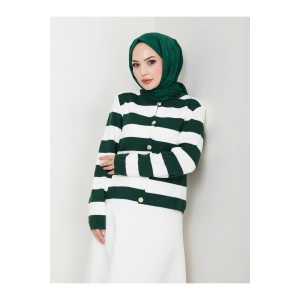 KADIN ZÜMRÜT KREM ÇİZGİLİ HIRKA GOLD DÜĞMELİ TRİKO HIRKA