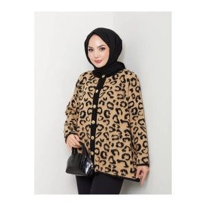 KADIN LEOPAR DESEN UZUN HIRKA YUMOŞ TRİKO GOLD DÜĞMELİ BEJ