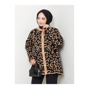KADIN LEOPAR DESEN UZUN HIRKA YUMOŞ TRİKO GOLD DÜĞMELİ KAHVE