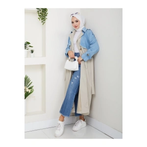 KADIN DENİM ( KOT ) DETAYLI TRENÇKOT ASTARSIZ