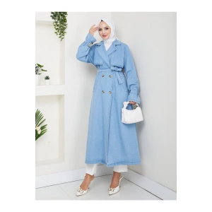 KADIN KRUVAZE YAKA DENİM TRENÇKOT UZUN 125 CM KOT KUMAŞ