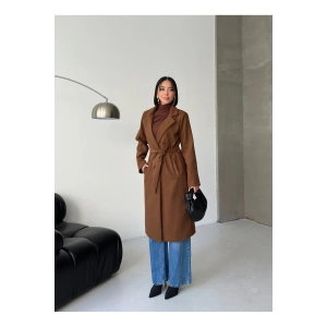 KADIN KUŞAKLI CEPLİ ASTARLI UZUN KAŞE KABAN [ TÜYLENMEZ ]