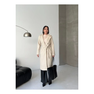 KADIN KUŞAKLI CEPLİ ASTARLI UZUN KAŞE KABAN [ TÜYLENMEZ ]