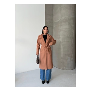 KADIN KUŞAKLI CEPLİ ASTARLI UZUN KAŞE KABAN [ TÜYLENMEZ ]