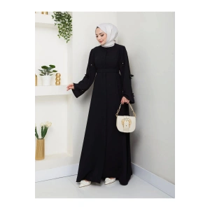 KOLU GÜL DANTELLİ DETAYLI ABAYA TESETTÜR GIYIM KADIN FERACE ELBISE SİYAH