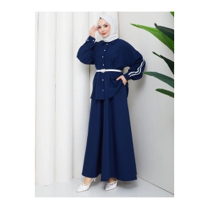 Kadın beyaz şeritli detaylı ceket etekli takım ikili