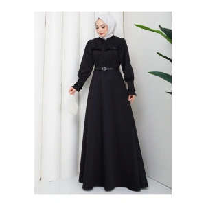 KADAN FIRFIR DETAYLI DERİ KEMERLİ TESETTÜR ELBİSE