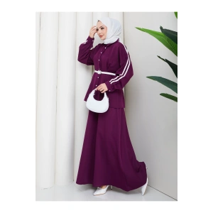 Kadın beyaz şeritli detaylı ceket etekli takım ikili