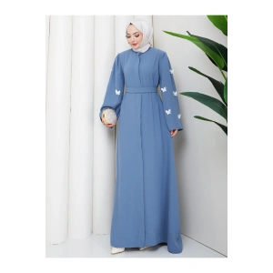 KOLU KELEBEK İŞLEMLİ ABAYA TESETTÜR GIYIM KADIN FERACE ELBISE