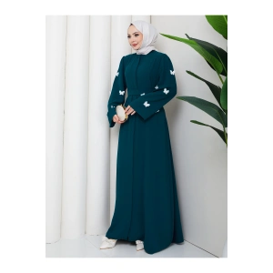 KOLU KELEBEK İŞLEMLİ ABAYA TESETTÜR GIYIM KADIN FERACE ELBISE