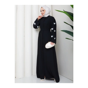 KOLU KELEBEK İŞLEMLİ ABAYA TESETTÜR GIYIM KADIN FERACE ELBISE