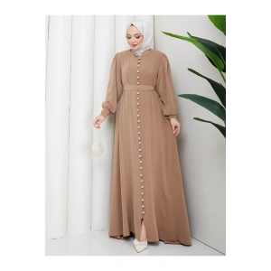 KADIN DÜĞMELE DETAYLI KEMERLİ ELBİSE TESETTÜR