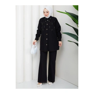 KADIN BONCUK DETAYLI PANTOLONLU KOT TAKIM