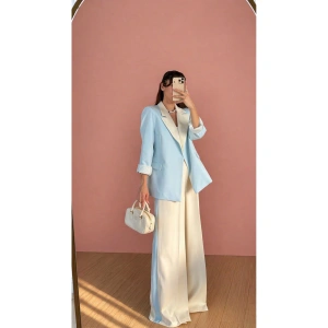 KADIN GARNİLİ BLAZER TAKIM BKREM PANTOLON PALAZZO CEKET