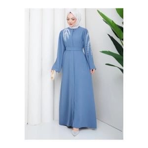 TAŞLİ ABAYA TESETTÜR GIYIM KADIN FERACE ELBISE MAVİ