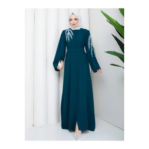 TAŞLİ ABAYA TESETTÜR GIYIM KADIN FERACE ELBISE ZÜMRÜT