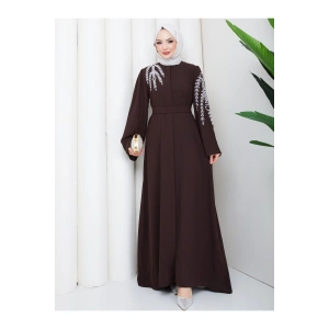 TAŞLİ ABAYA TESETTÜR GIYIM KADIN FERACE ELBISE KAHVE