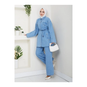 KADIN CEP DETAYLI KÜŞAKLI DENİM CEKET PANTALON TAKIM JEAN PREMİUM
