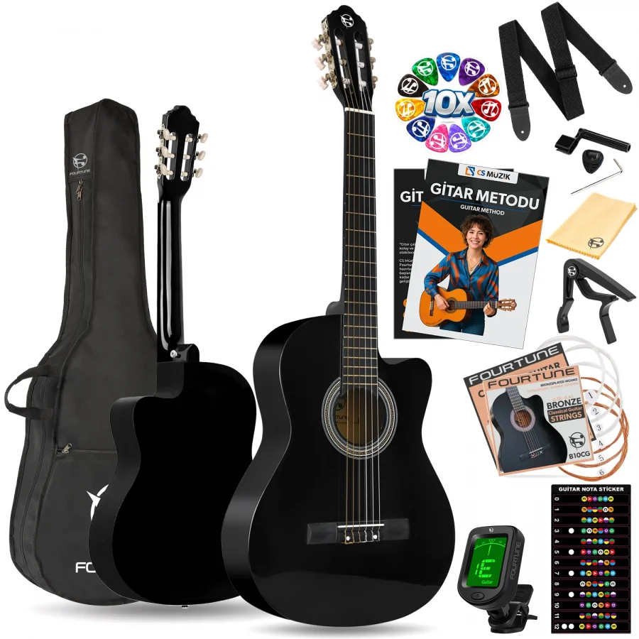 Fourtune Luca CW-200BK Kesik Kasa Siyah Klasik Gitar Seti 4/4 Sap Ayarlı (Cutaway)