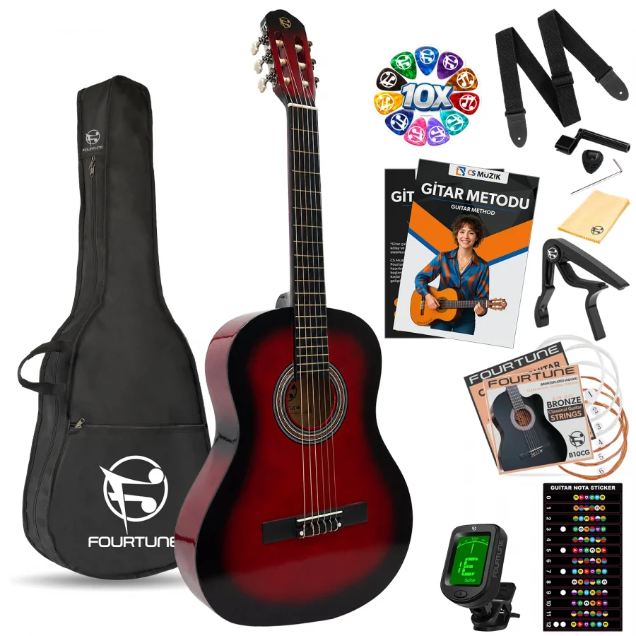 Fourtune Luca C-180RD Kırmızı Klasik Gitar Seti 4/4 Sap Ayarlı