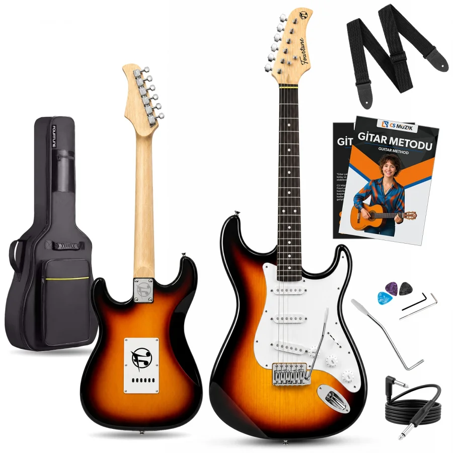 Fourtune Atlas EG-1000SB Gül Klavye Strat Kasa SSS Sunburst Elektro Gitar Seti