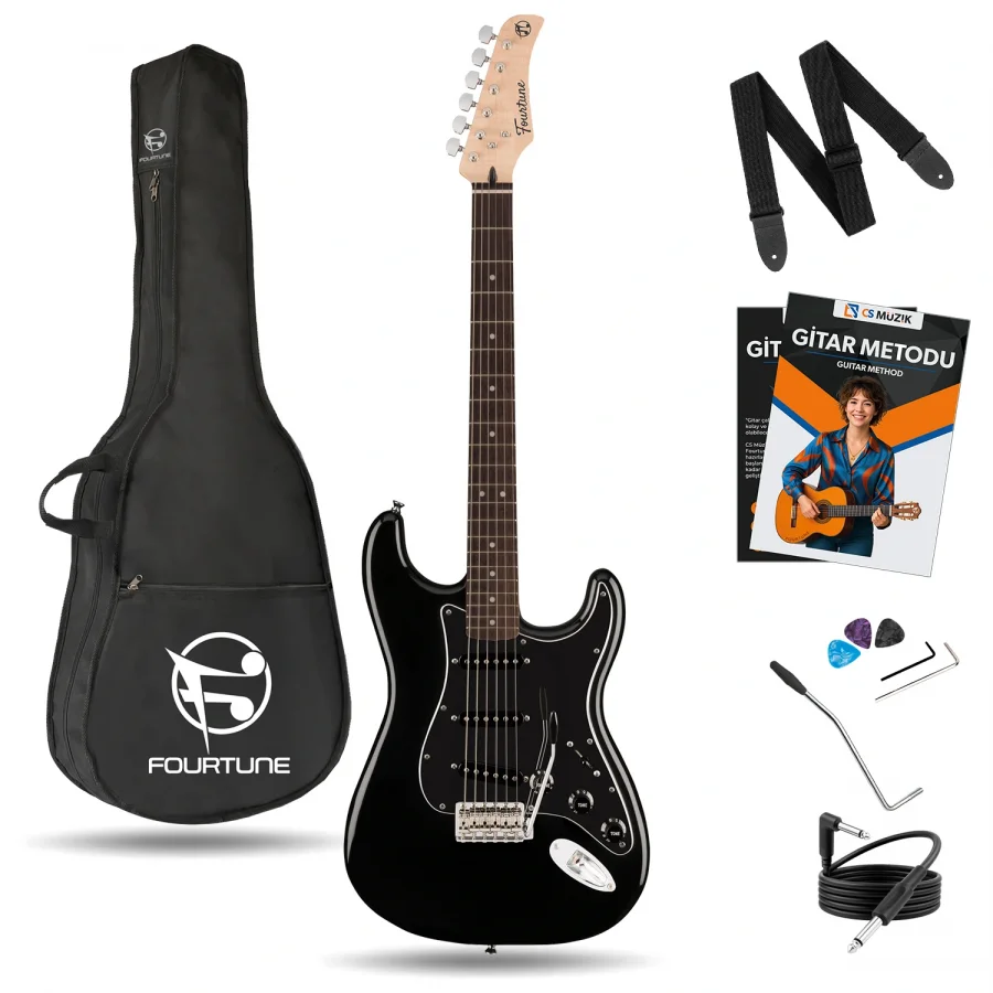 Fourtune Atlas EG-1000BK Gül Klavye Strat Kasa SSS Siyah Elektro Gitar Seti