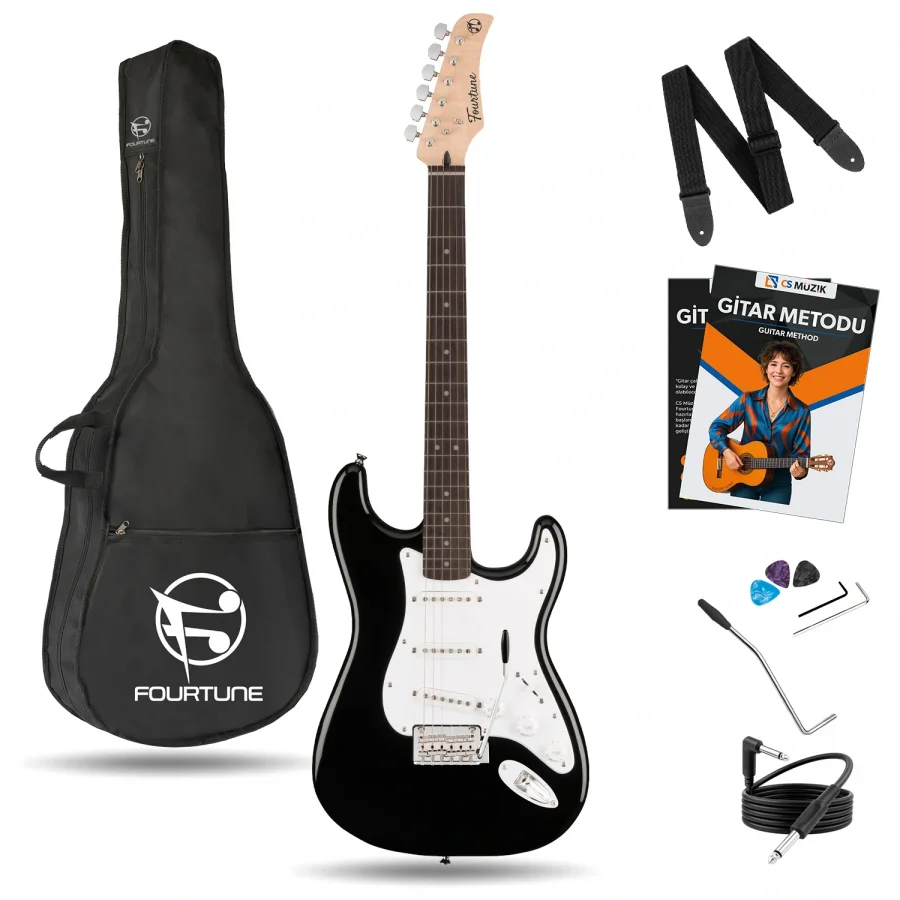 Fourtune Atlas EG-1000WB Gül Klavye Strat Kasa SSS Elektro Gitar Seti (Siyah Beyaz)