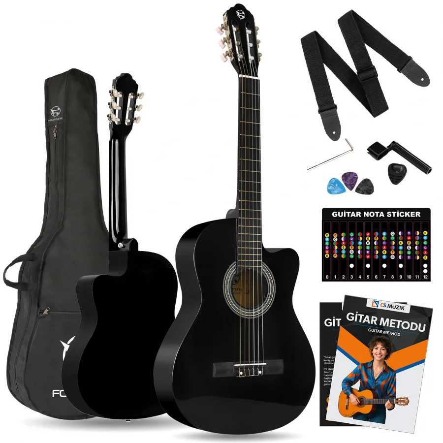 Fourtune Luca CW-200BK Siyah Kesik Kasa Klasik Gitar Seti 4/4 Sap Ayarlı (Cutaway)