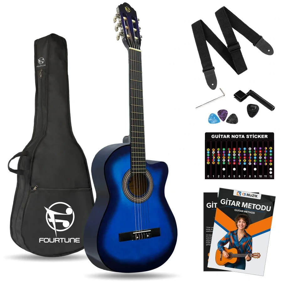 Fourtune Luca CW-200BL Mavi Kesik Kasa Klasik Gitar Seti 4/4 Sap Ayarlı (Cutaway)