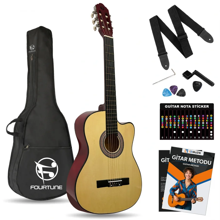 Fourtune Luca CW-200NT Naturel Kesik Kasa Klasik Gitar Seti 4/4 Sap Ayarlı (Cutaway)