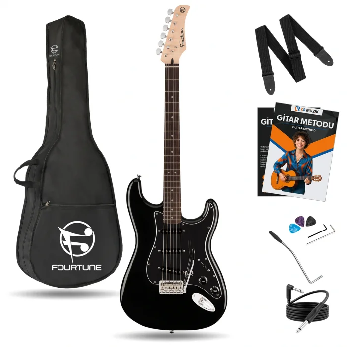 Fourtune Atlas EG-1000BK Gül Klavye Strat Kasa SSS Siyah Elektro Gitar Seti