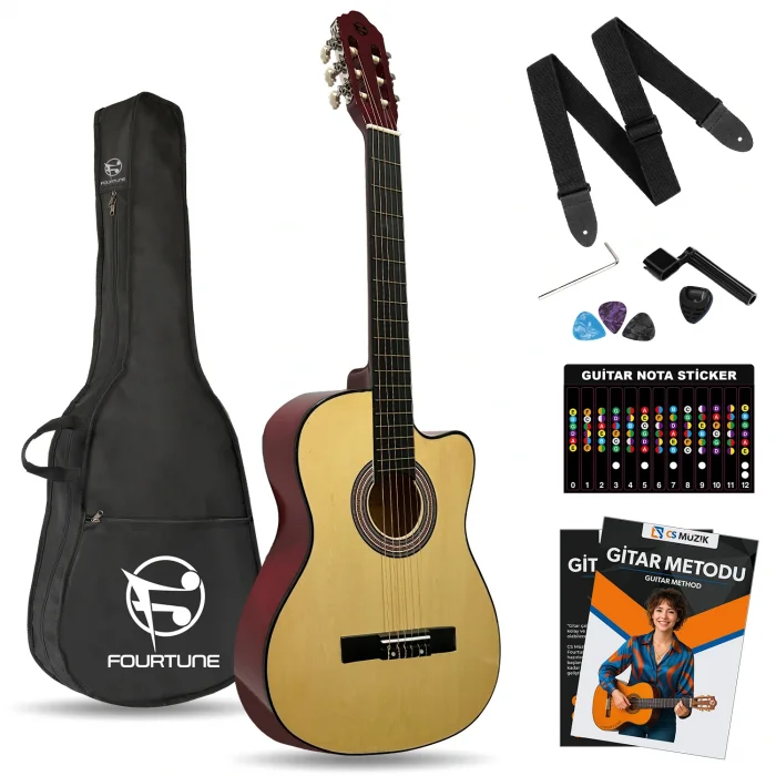 Fourtune Luca CW-200NT Naturel Kesik Kasa Klasik Gitar Seti 4/4 Sap Ayarlı (Cutaway)