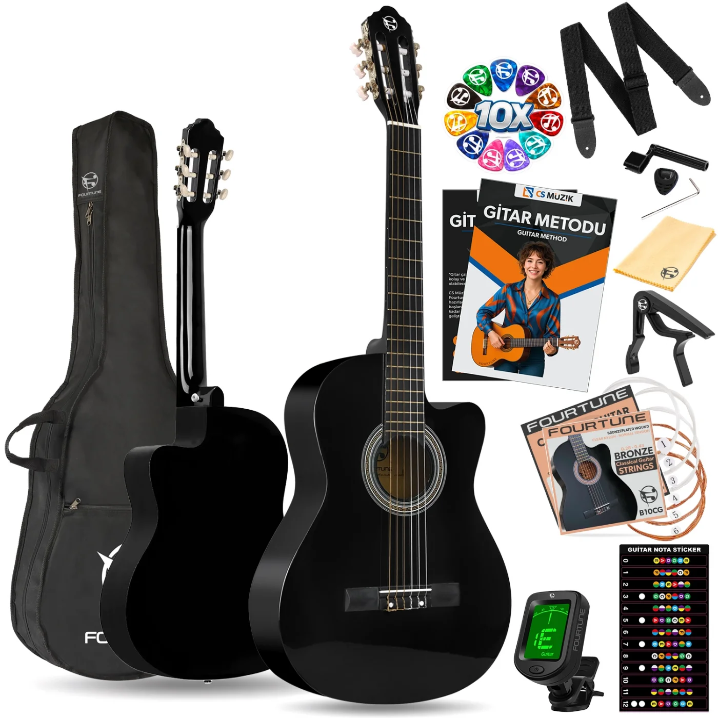 Fourtune Luca CW-200BK Kesik Kasa Siyah Klasik Gitar Seti 4/4 Sap Ayarlı (Cutaway)