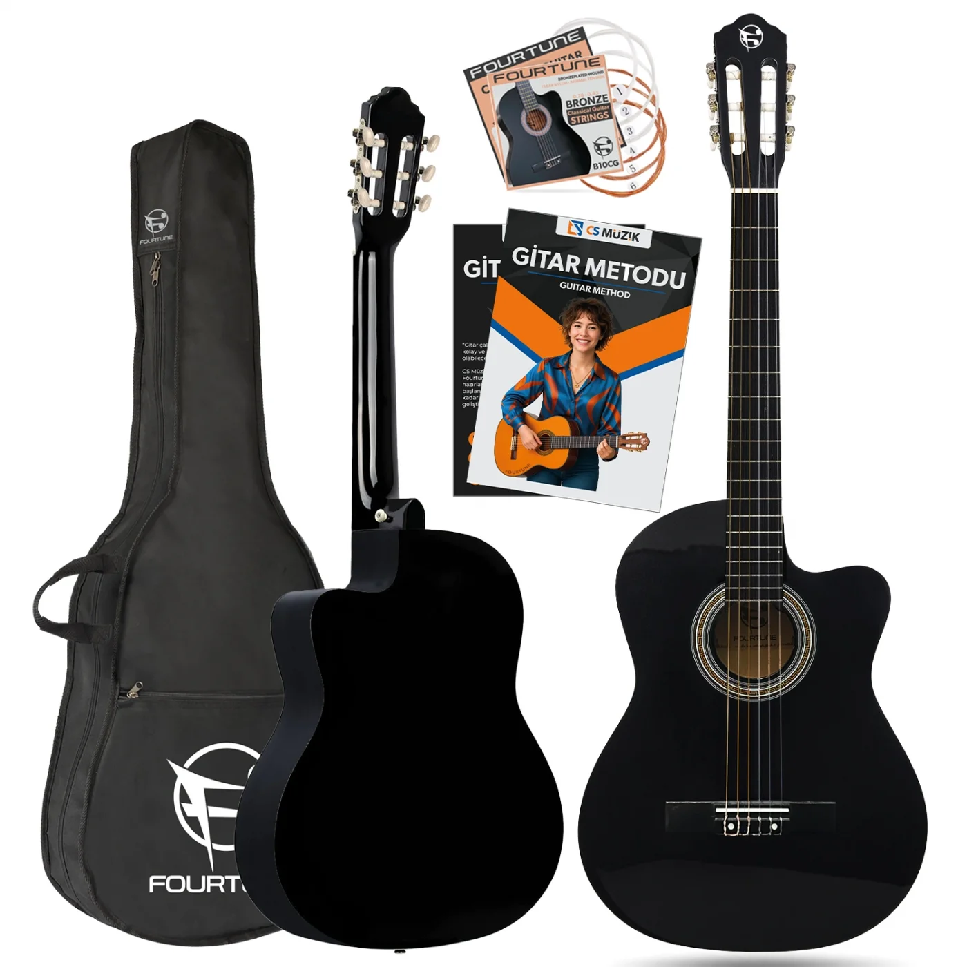 Fourtune Luca CW-200BK Kesik Kasa Siyah Klasik Gitar Seti 4/4 Sap Ayarlı (Cutaway)