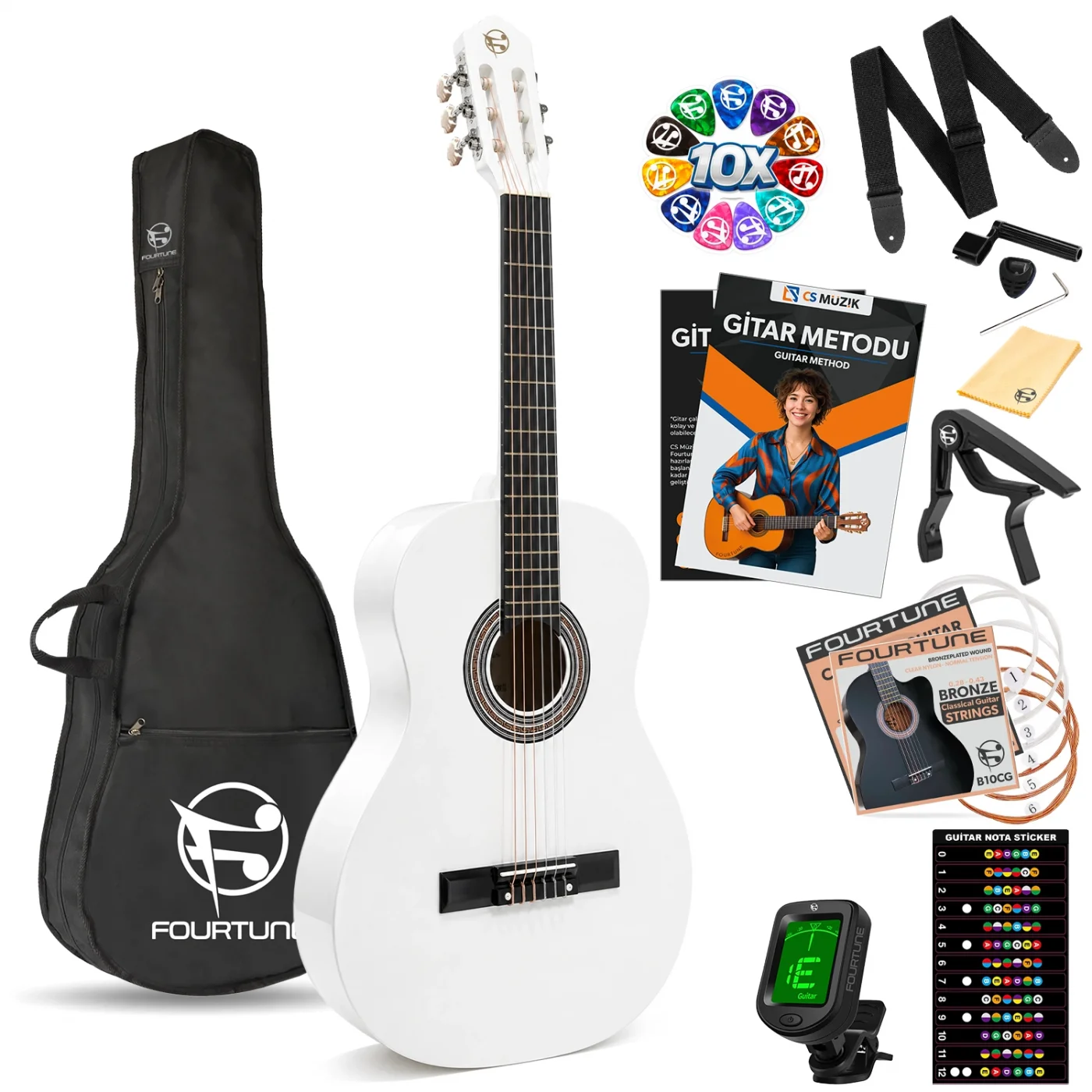 Fourtune Luca C-180WH Beyaz Klasik Gitar Seti 4/4 Sap Ayarlı