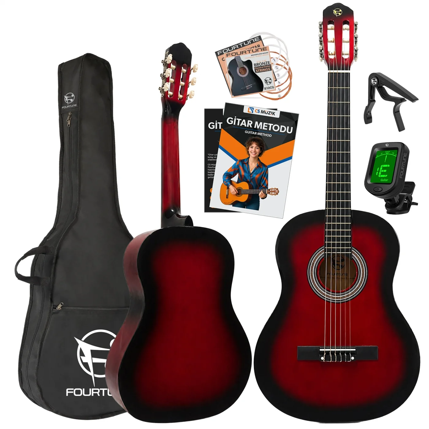 Fourtune Luca C-180RD Kırmızı Klasik Gitar Seti 4/4 Sap Ayarlı