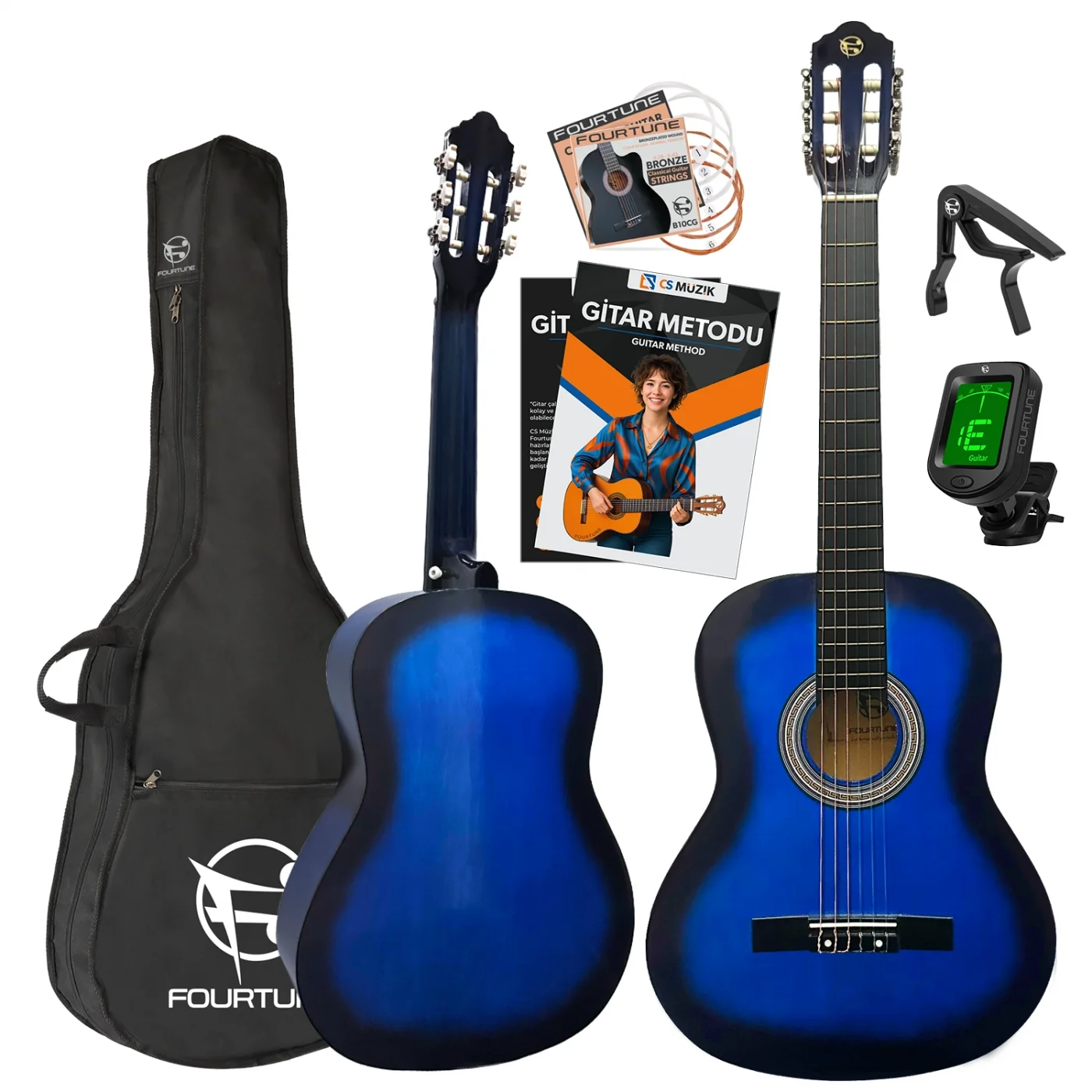 Fourtune Luca C-180BL Mavi Klasik Gitar Seti 4/4 Sap Ayarlı