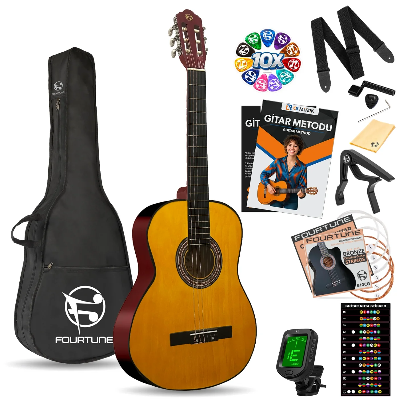 Fourtune Luca C-180OR Turuncu Klasik Gitar Seti 4/4 Sap Ayarlı