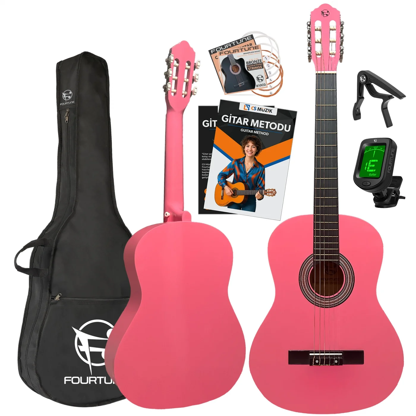Fourtune Luca C-180PK Pembe Klasik Gitar Seti 4/4 Sap Ayarlı