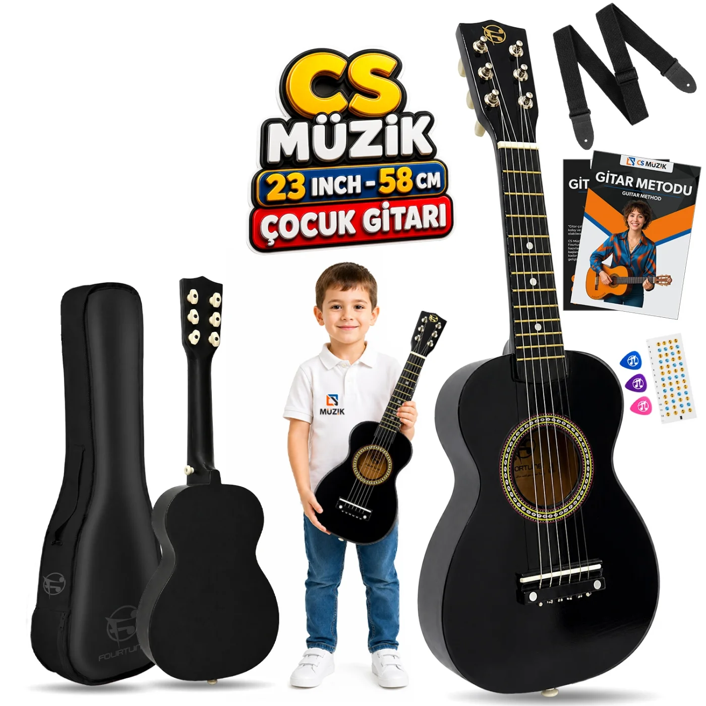 Fourtune Loki T-80BK 6 Telli Siyah Çocuk Gitarı Gerçek Ağaç